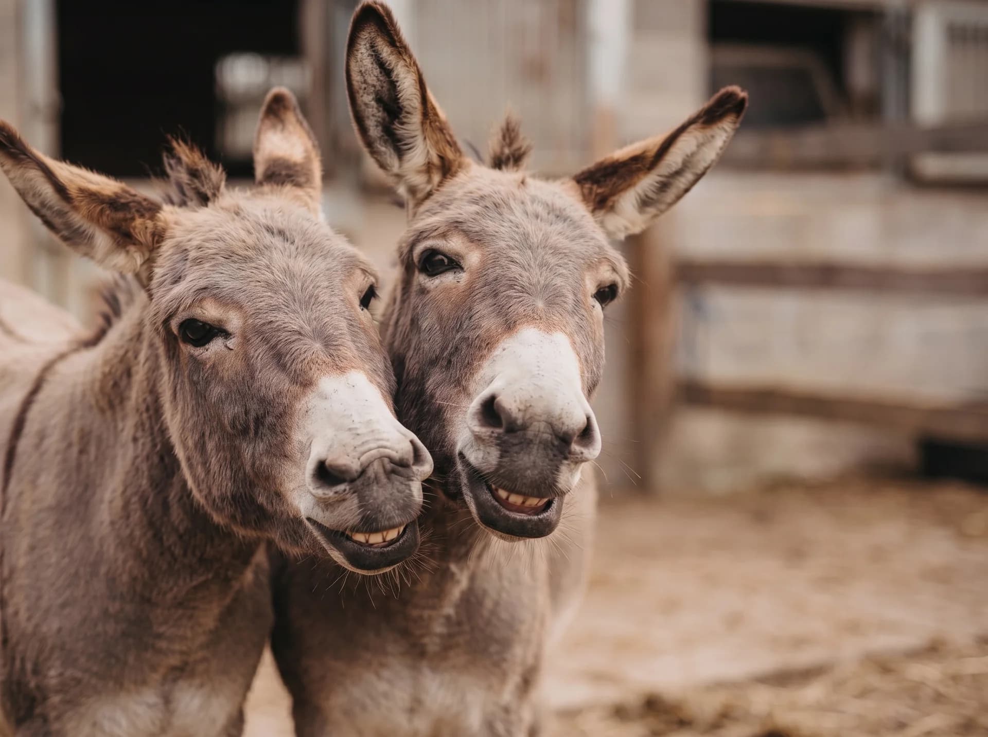 Zwei Esel Kopf an Kopf, beide mit hochgezogener Oberlippe, als würden sie lachen